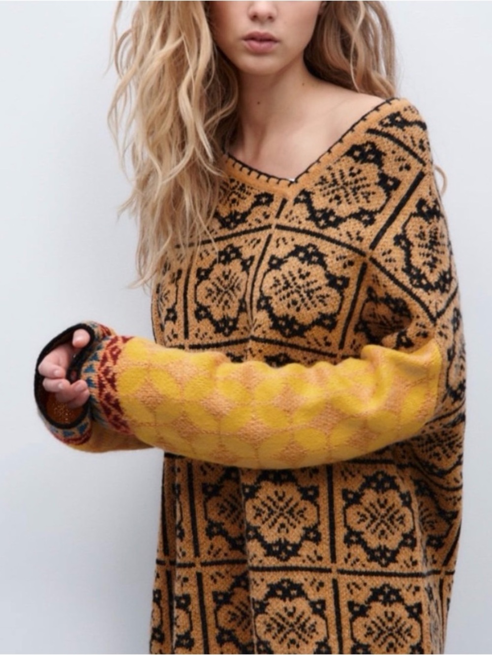 Zara Beige and Black V-Neck Sweater with Mustard Patterned Sleeves